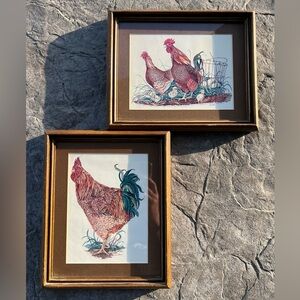 Lynn Bean Chicken Rooster Art Print Signed Litho Matted Wood Framed 11.5"x9"